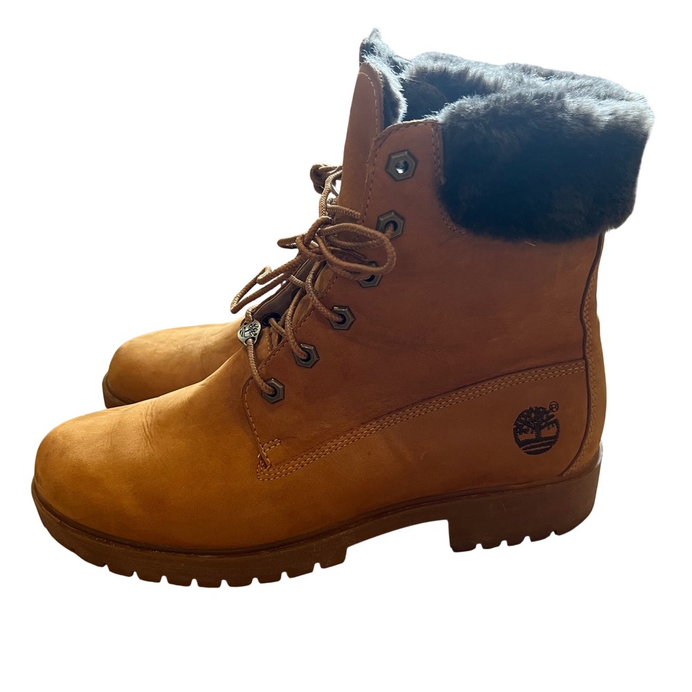 Timberland Wheat Nubuck Leather Faux Fur Trim Lace Up Boots Brown 6 Inch Style - Picture 4 of 12